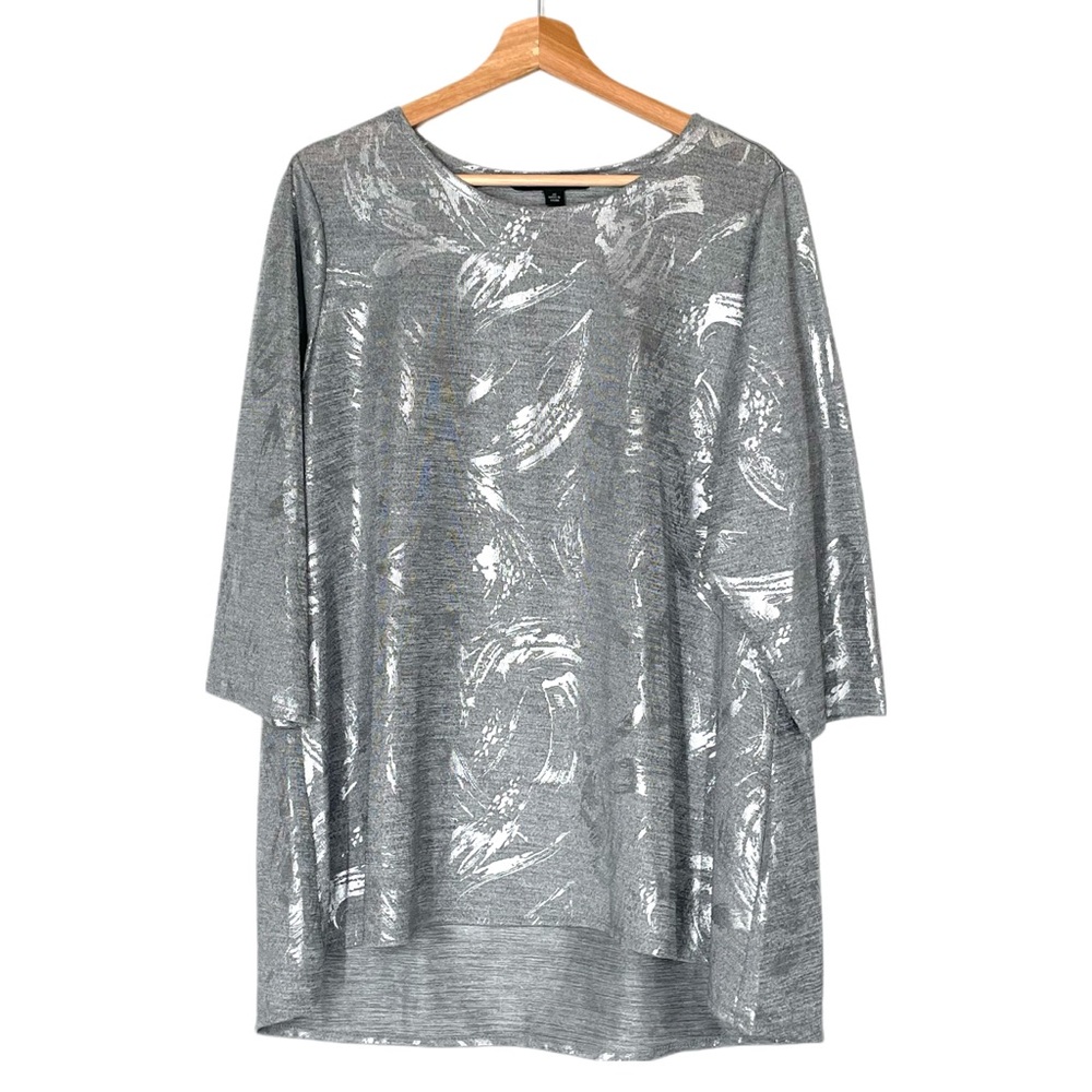 Zac & Rachel Metallic Silver Tunic Top 3/4 Sleeve Round Neck Size 1X Casual